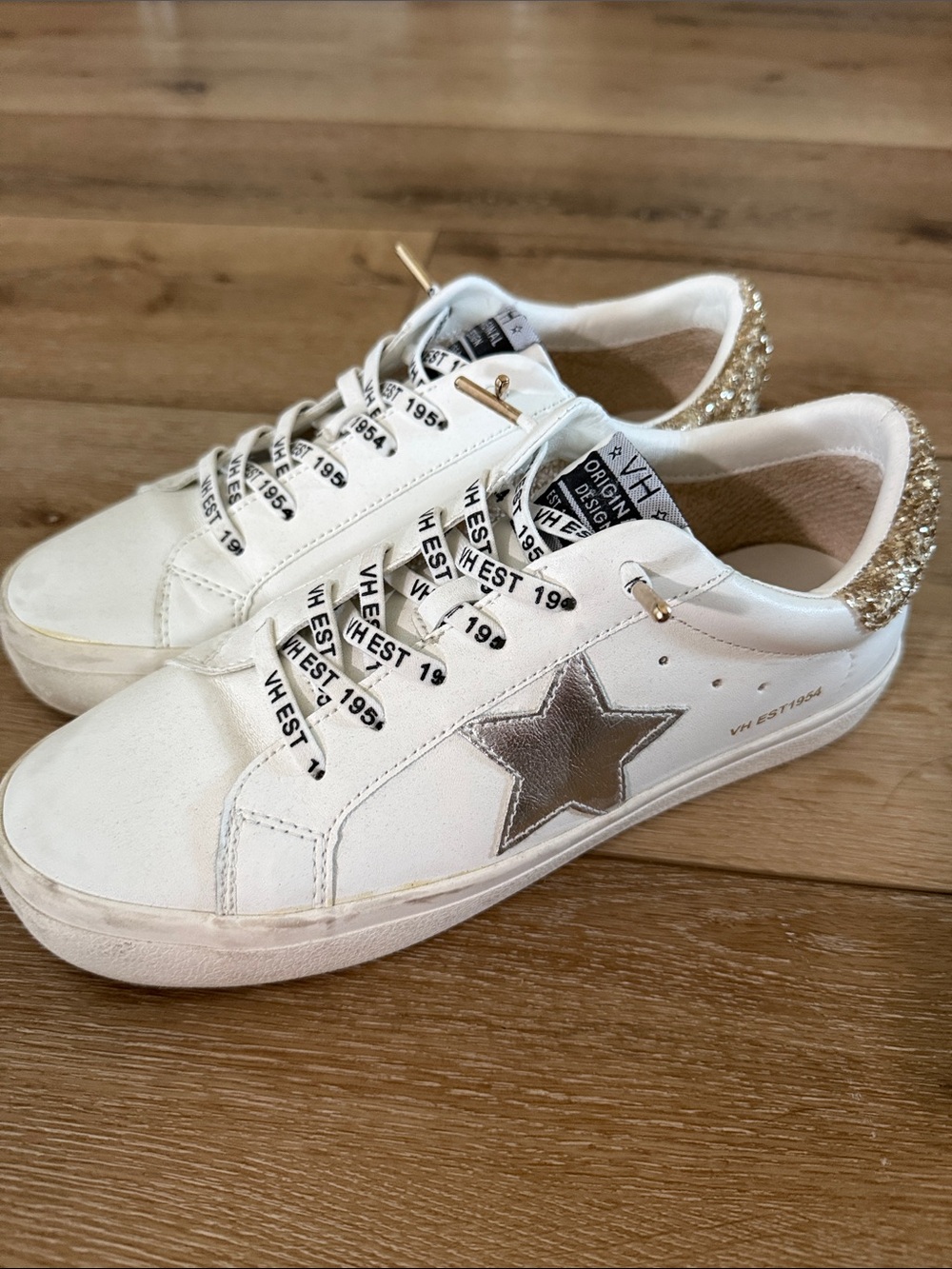 Vintage Havana White Sneakers with Silver Star and Gold Glitter Heel